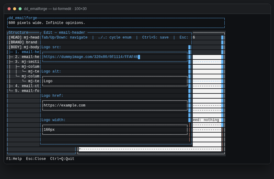 FormEdit modal on email-header with logo src, alt, href, and width fields