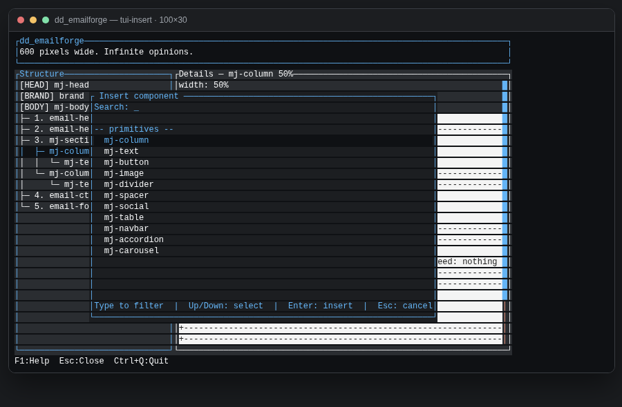Insert picker on a column listing mj-text, mj-button, mj-navbar, mj-accordion, mj-carousel